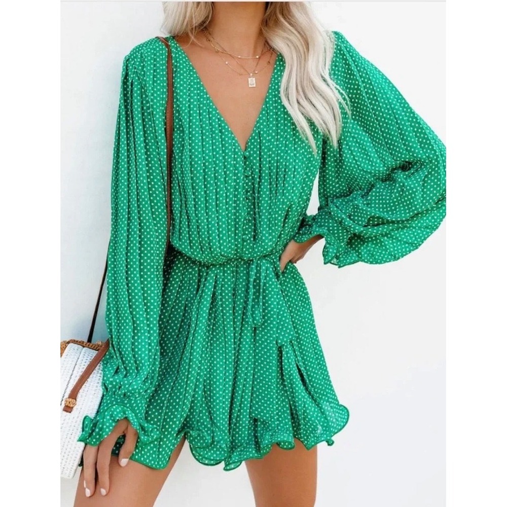 Endless Rose Green Polka Dot Pleated Long Sleeve Wide Leg Romper with Tie Waist - Picture 3 of 16
